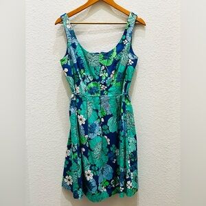 Pappagallo Women’s Blue & Green Floral Print Dress Tie Waist